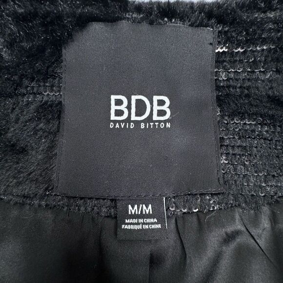 BDB David Bitton Womens Medium Black Faux Fur Sequin Jacket Full Zip Collarless - Picture 7 of 14